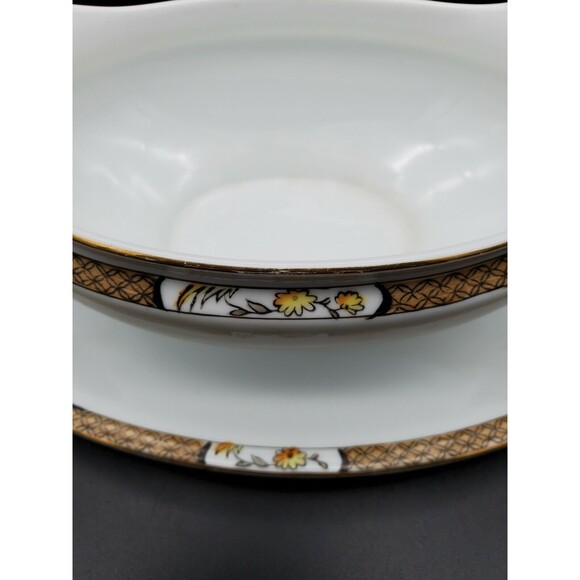 Noritake Gravy Boat Under Plate Japan Geometric Band Florals with Gold 1918 - Picture 2 of 12